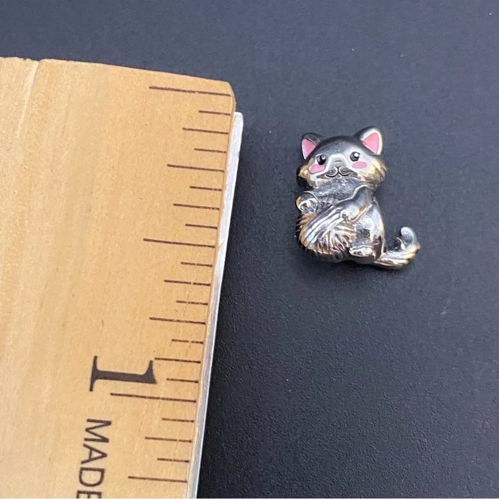 925 Sterling Silver Cat Pandora Style Charm with Pink Accents